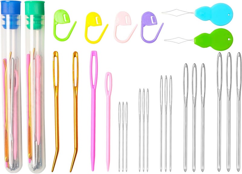 HEKISN 45Pcs Large Eye Blunt Yarn Needles kit, Assorted Sizes Bent Tapestry Darning Needle, Sewing Needles with Needle Threaders & Stitch Markers for Knitting Crochet (Green&Blue) - Image 1